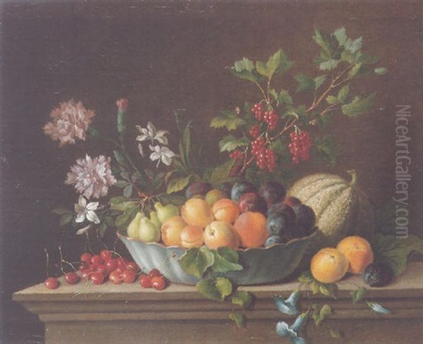 Still Life Of Peaches, Pears And Plums In A Blue Porcelain Bowl, With Cherries, A Honey Melon And Red Currants, All Upon A Stone Ledge Oil Painting by Gabriel Gresly
