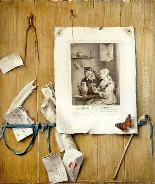 A Trompe L'oeil Of An Engraving Of David Tenier Ii's Surprised Lovers, Letters, A Bill And Other Objects Attached To A Partition Oil Painting by Gabriel Gresly