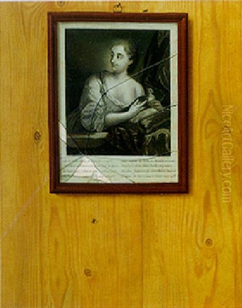 Trompe L'oeil Still Life Of A Print Under Broken Glass Hanging On A Wooden Board Oil Painting by Gabriel Gresly