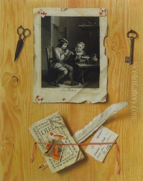 Trompe L'oeil Still Life Of A Print, A Letter, A Pamphlet, A Playing Card, A Quill Pen, Scissors And A Key, All Tacked To A Wooden Board Oil Painting by Gabriel Gresly