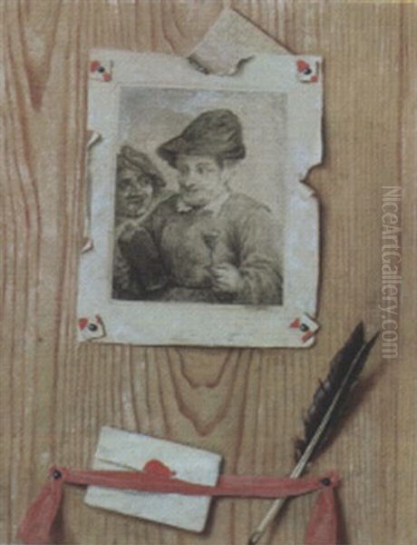 Trompe L'oeil With A Letter, Quill Pen And Print Oil Painting by Gabriel Gresly