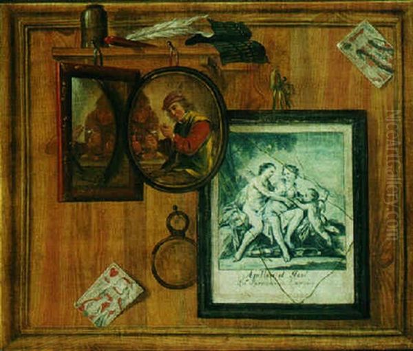 A Trompe L'oeil Still Life Of A Print, A Miniature. . . Oil Painting by Gabriel Gresly