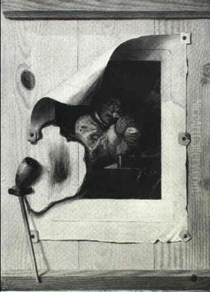 Trompe L'oeil Still Life With Lit Pipe Burning A Print Of A Man Shaving, All Tacked Onto A Wooden Board Oil Painting by Gabriel Gresly