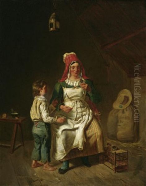 Mutter Und Sohn In Der Stube, Ein Vogelkuken Futternd Oil Painting by Anne Genevieve Greuze
