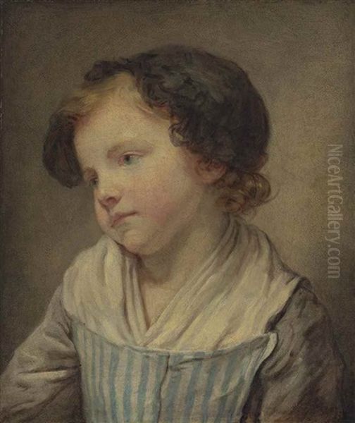 Portrait Of A Young Girl, Bust-length, In A Blue And White Striped Pinafore With Grey Sleeves And A Black Lace Bonnet Oil Painting by Jean Baptiste Greuze
