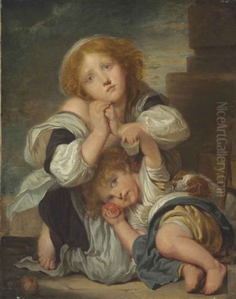 Two Children And A Dog Oil Painting by Jean Baptiste Greuze