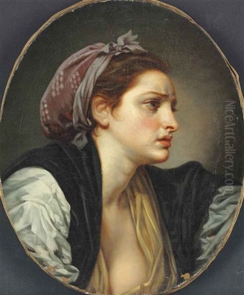 Portrait Of A Woman, Bust-length, In A Yellow Dress And White Blouse, Wearing A Pink Scarf Oil Painting by Jean Baptiste Greuze