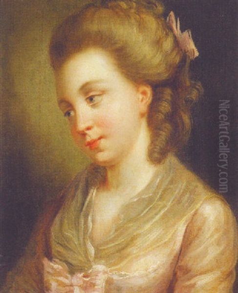 Portrait Of A Lady In A White Dress With A Pink Ribbon Oil Painting by Jean Baptiste Greuze