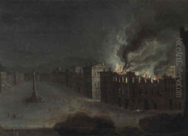 Capricci Of The Piazza Navona With A Burning Palazzo Oil Painting by Orazio Grevenbroeck