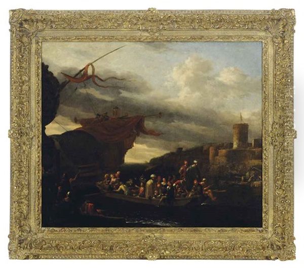 Merchants And Sailors Disembarking From A Galleon In A Mediterranean Port Oil Painting by Jan Griffier the Elder