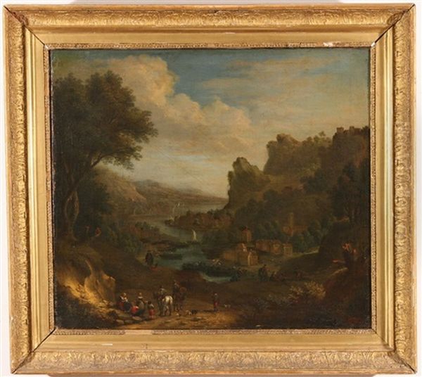 River Landscape With Figures, Boats, And Village Oil Painting by Jan Griffier the Elder
