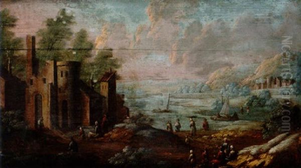 Landskap Med Byggnader Och Figurer Oil Painting by Jan Griffier the Elder