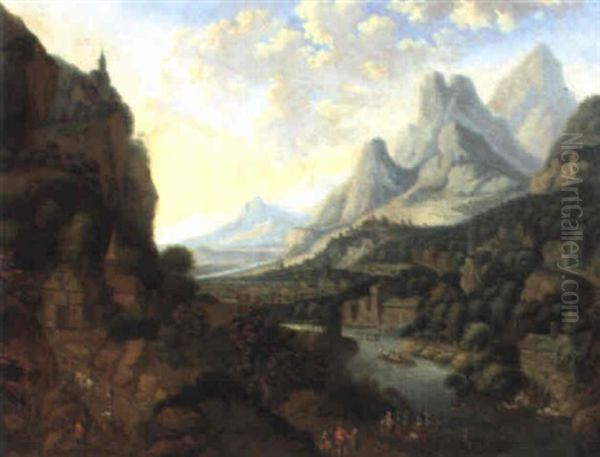 Phantastische Flusslandschaft Mit Hohen Felsen Oil Painting by Jan Griffier the Elder