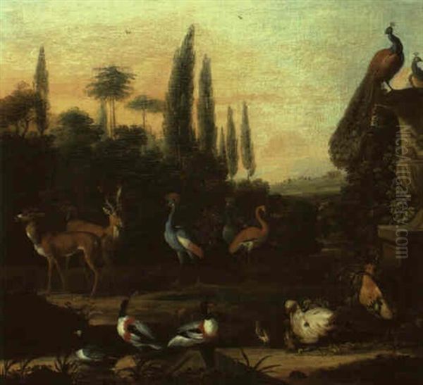 Park Landscape With Deer, Ducks, Cranes And Other Birds Oil Painting by Jan Griffier the Elder