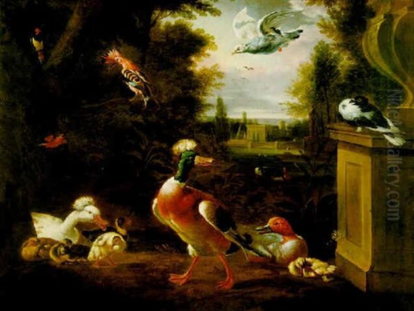 Waterfowl, Pigeons, A Kingfisher And A Hoopoe In The Gardens Of A Villa Oil Painting by Robert Griffier