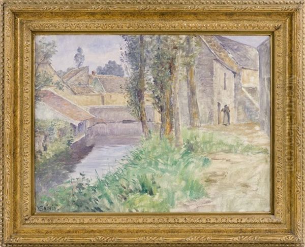 Town By A River, Possibly Giverny, France Oil Painting by Walter Griffin