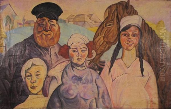 Groupe Portait With A Horse Oil Painting by Boris Dmitrievich Grigoriev