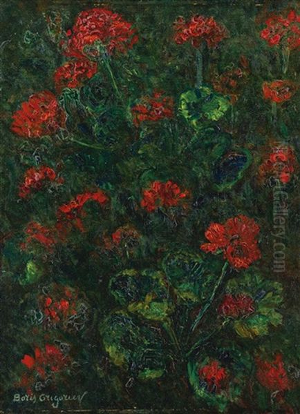 Geraniums Oil Painting by Boris Dmitrievich Grigoriev