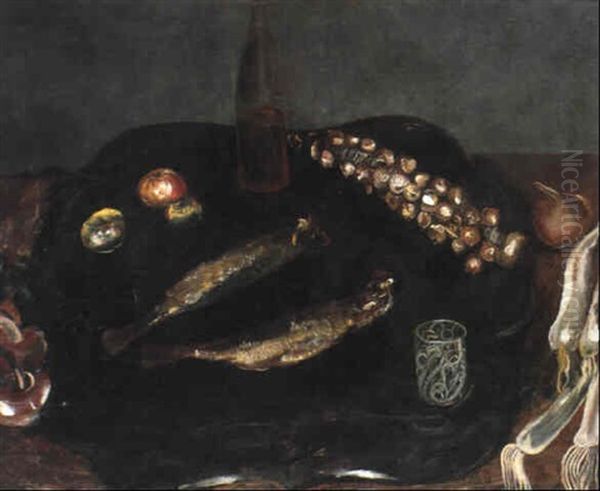 Still Life With Smoked Herring, A Bottle Of Wine, Shallots And White Radishes On A Table Oil Painting by Boris Dmitrievich Grigoriev