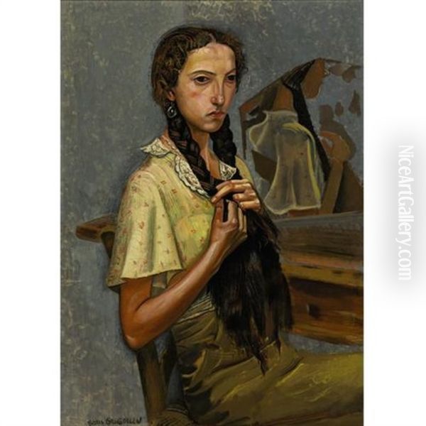 Portrait Of A Girl At The Mirror Oil Painting by Boris Dmitrievich Grigoriev