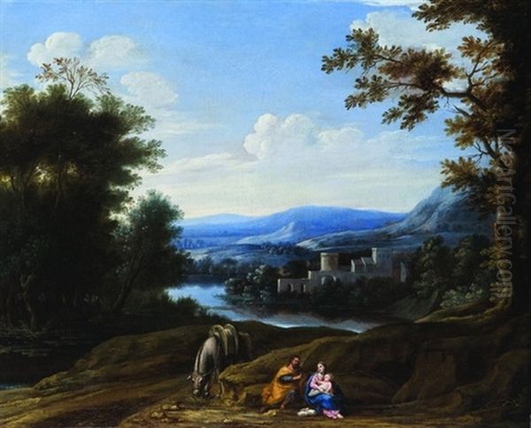 Paesaggio Fluviale Con Il Riposo Durante La Fuga In Egitto Oil Painting by Giovanni Francesco Grimaldi
