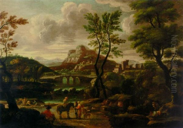 A Landscape With Travellers On A Track, A Bridge And Village Beyond Oil Painting by Giovanni Francesco Grimaldi
