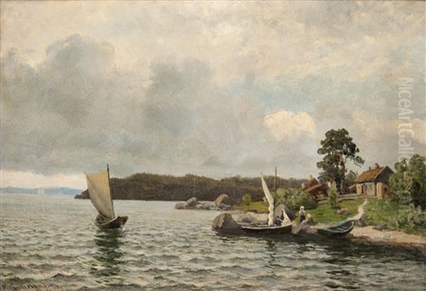 Kystlandskap Med Folkeliv Oil Painting by Johannes Martin Grimelund