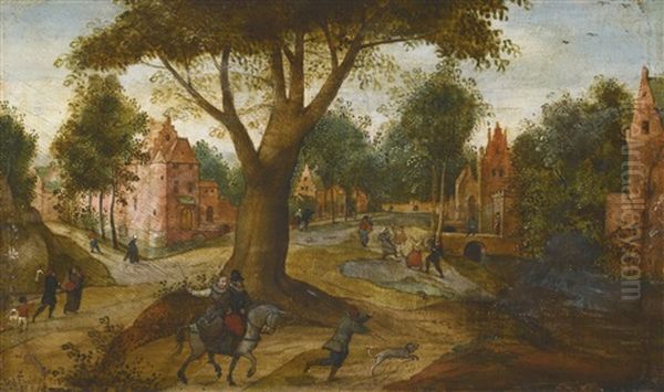A Couple On Horseback And A Hunter With His Dog Travelling Along A Sandy Path Beneath A Large Tree, A Riverside Town And Other Figures In The Distance Oil Painting by Abel Grimmer