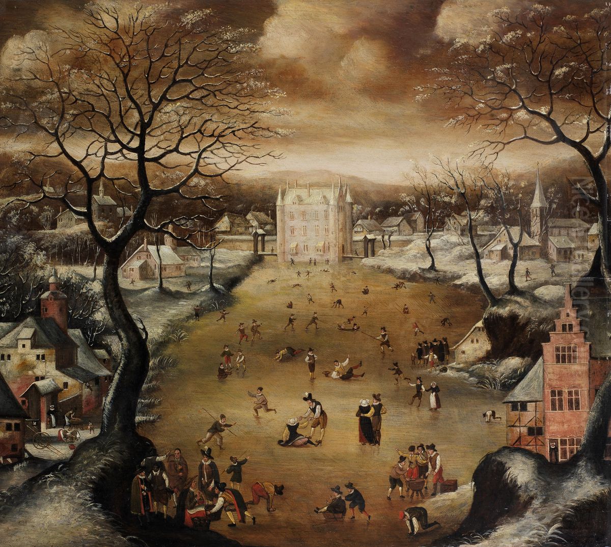 Figures Ice-skating In A Winter Landscape Oil Painting by Abel Grimmer