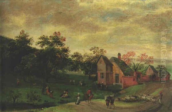 A Landscape With A Village, A Herdsman On A Track And Peasants Merrymaking In A Field Oil Painting by Abel Grimmer