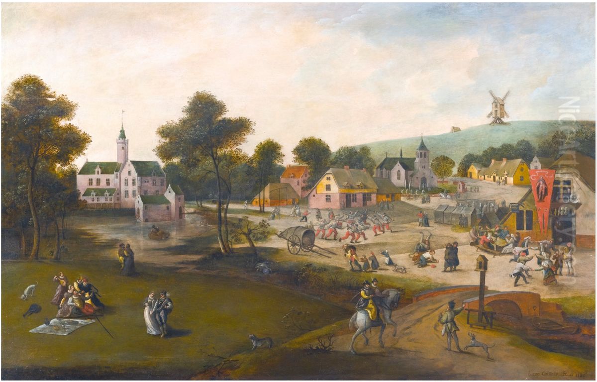 Entrance To A Village With Peasants Carousing Oil Painting by Jacob Grimmer