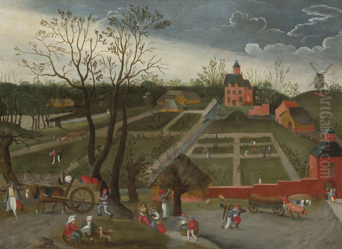 Landscape With Peasants Walking Along A Road With Horse Drawn Carts And Others Planting In The Garden Of A Large Manor House Oil Painting by Jacob Grimmer
