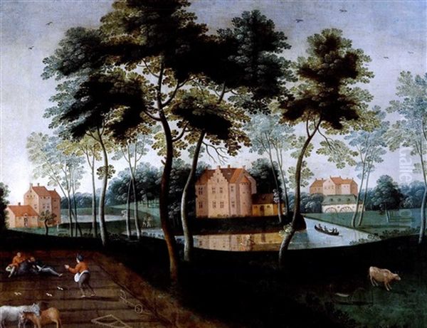 Bewaldete Landschaft Mit Einem Wasserschloss, Bootfahrern, Einem Angler Oil Painting by Jacob Grimmer