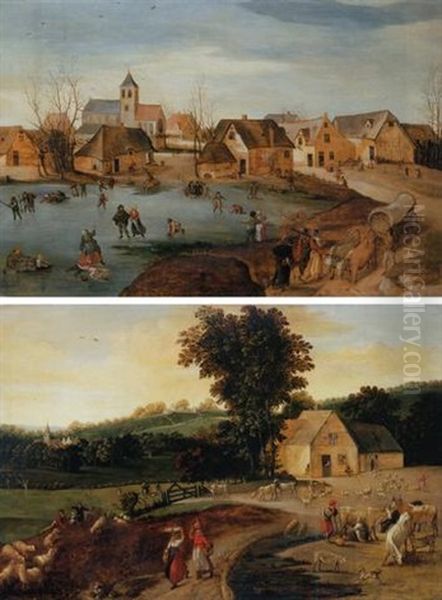 Summer: A Landscape With Peasants, Cattle And Sheep Oil Painting by Jacob Grimmer