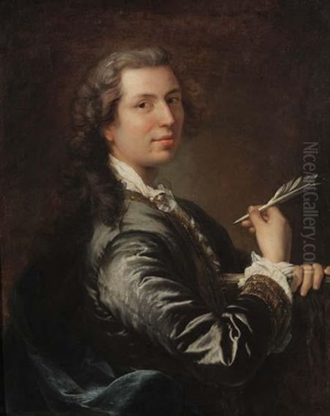 Portrait D'un Artiste Tenant Un Carton A Dessin Et Une Plume Dans La Main Oil Painting by Alexis Grimou