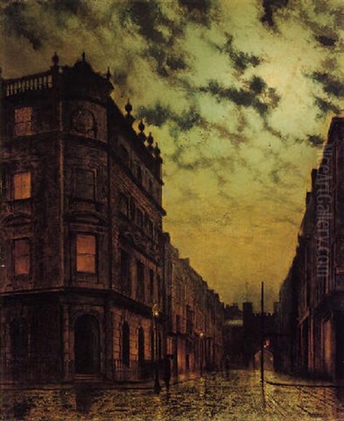 Street Scene In Scarborough-newbrough On A Wet Night Oil Painting by John Atkinson Grimshaw