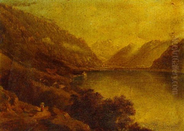 A View Of Lake Geneva, Chillon, Switzerland Oil Painting by Robert Melville Grindlay