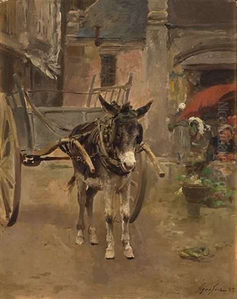 Esel Mit Karren - Im Hintergrund Eine Blumenverkauferin Oil Painting by Francois Adolphe Grison
