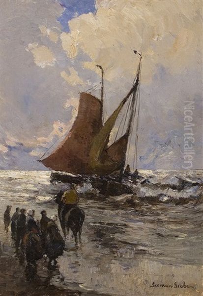 Fishermen On The Shore Oil Painting by German Grobe