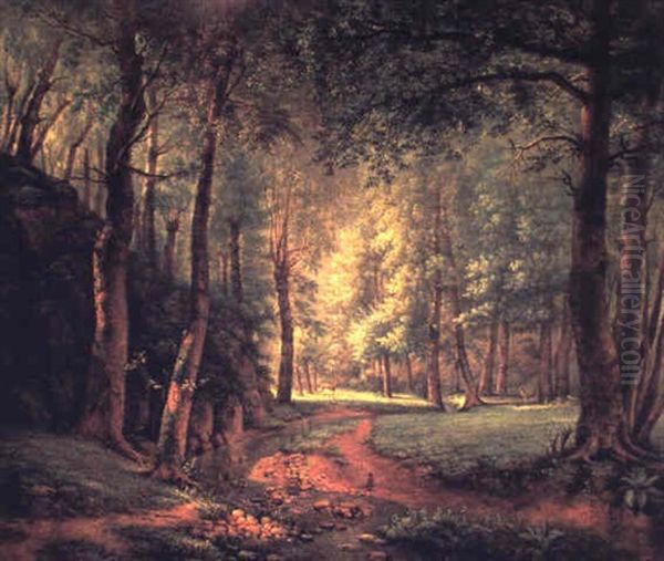 Paysage De Sous-bois Avec Un Cerf Et Une Biche Oil Painting by Jean Michel Grobon