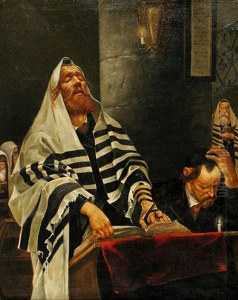 Worshipers In The Synagogue Oil Painting by Stanislav Grocholski