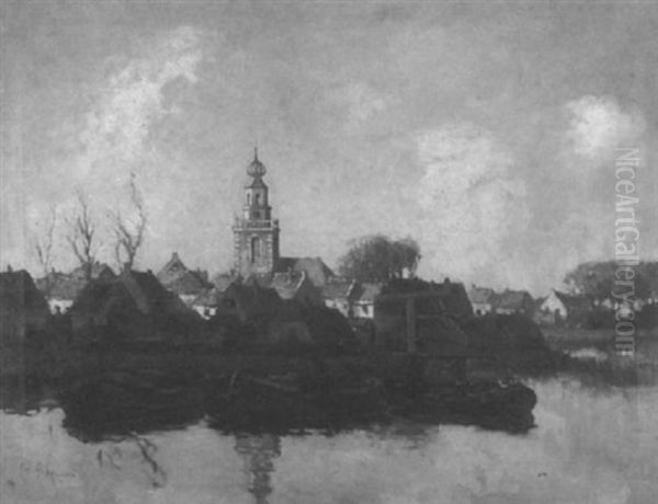 Moored Boats Near Village Shore Oil Painting by Cornelis Groeneveld