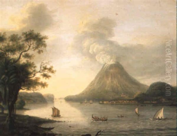 Shipping Near Banda, The Moluccas, With The Smoking Gunung Api Oil Painting by Wilhelmus Van Groenewoud