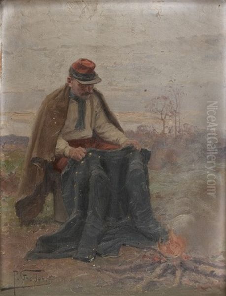 Soldat D'infanterie Au Reglement De 1884 Faisant Secher Sa Tunique Pres D'un Feu Oil Painting by Paul Louis Narcisse Grolleron