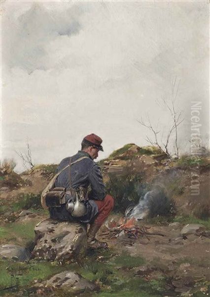 A Soldier Making A Campfire Oil Painting by Paul Louis Narcisse Grolleron