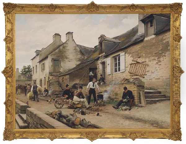 French Artillerie Soldiers At Rest In A Village Oil Painting by Paul Louis Narcisse Grolleron