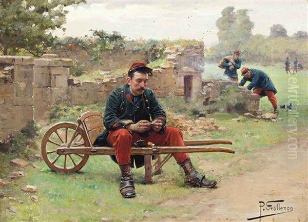 A Soldier Preparing A Cigarette Oil Painting by Paul Louis Narcisse Grolleron