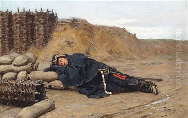 A Sleeping Napoleonic Soldier Oil Painting by Paul Louis Narcisse Grolleron