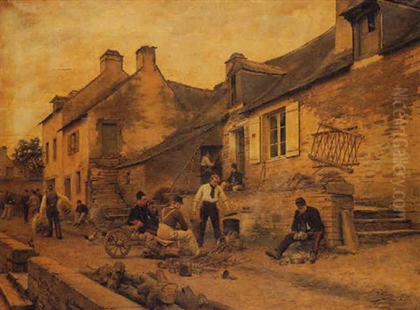 Soldiers Outside A Thatched Cottage Oil Painting by Paul Louis Narcisse Grolleron