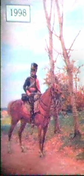 Portrait Of A French Mounted Soldier Oil Painting by Paul Louis Narcisse Grolleron